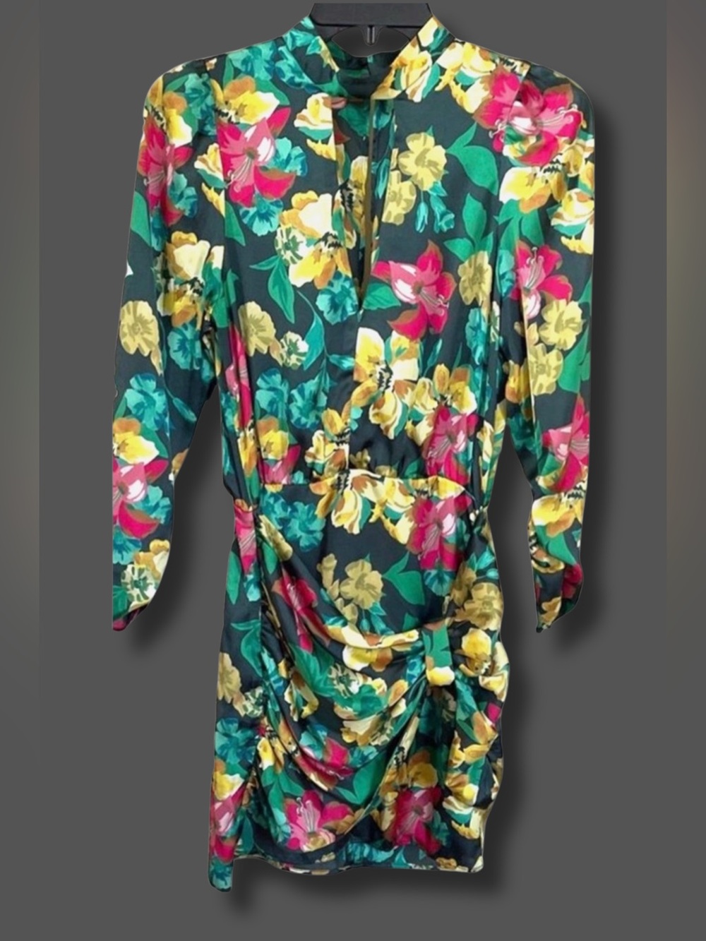 Zara Floral Ruched Mini Dress XS Green Pink Long Sleeve Party